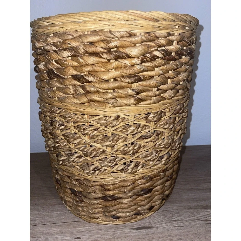 Vintage Hand Woven Wicker Seagrass Waste Basket Trash Can